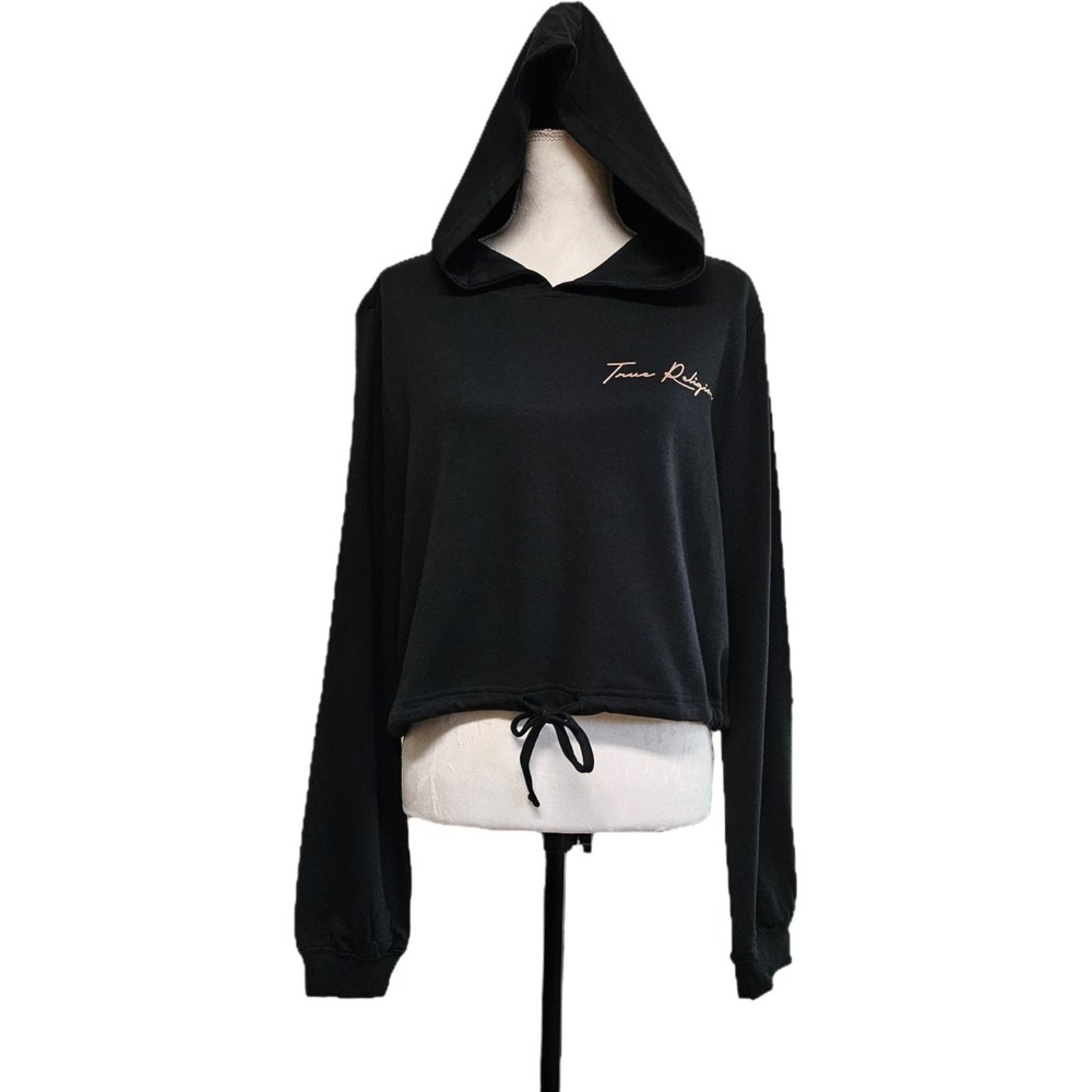 NWT True Religion $119 Cropped Black Logo Hoodie Size M Drawstring Waist